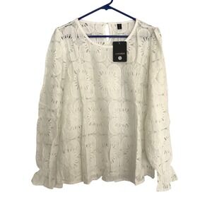 LUXVEER White Floral Lace Long Sleeve Ruffle Cuff Blouse Top XL NEW